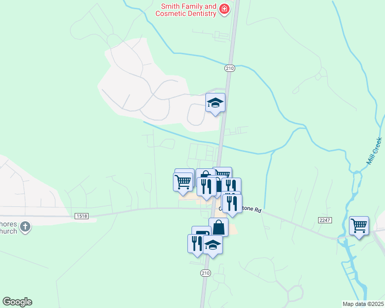 map of restaurants, bars, coffee shops, grocery stores, and more near 136 Beachside Village Lane in Sneads Ferry