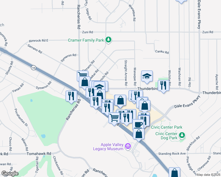 map of restaurants, bars, coffee shops, grocery stores, and more near 20330 Thunderbird Road in Apple Valley