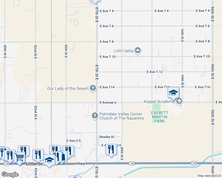 map of restaurants, bars, coffee shops, grocery stores, and more near 8806 East Avenue T14 in Littlerock