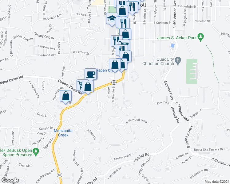 map of restaurants, bars, coffee shops, grocery stores, and more near 733 South Granite Street in Prescott