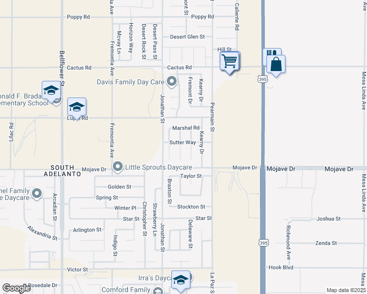 map of restaurants, bars, coffee shops, grocery stores, and more near 15383 Lassen Drive in Adelanto