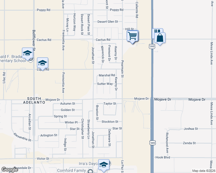 map of restaurants, bars, coffee shops, grocery stores, and more near 15386 Fremont Drive in Adelanto