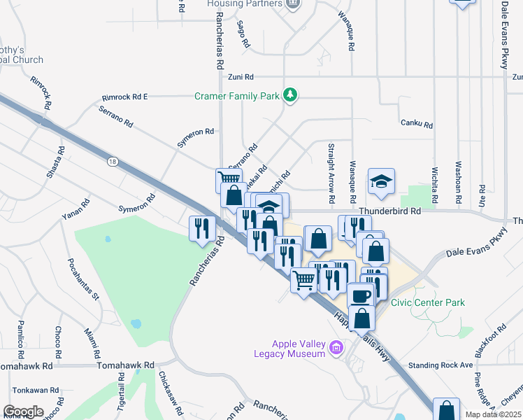 map of restaurants, bars, coffee shops, grocery stores, and more near 20200 Thunderbird Road in Apple Valley