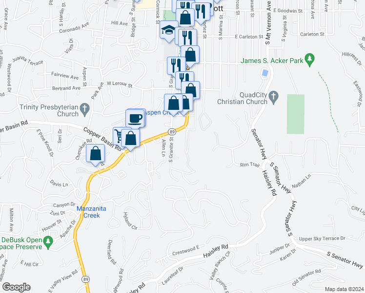 map of restaurants, bars, coffee shops, grocery stores, and more near 733 South Granite Street in Prescott