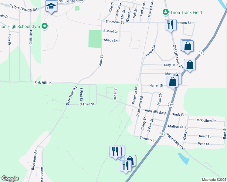 map of restaurants, bars, coffee shops, grocery stores, and more near 73 South Cedar Street in Summerville