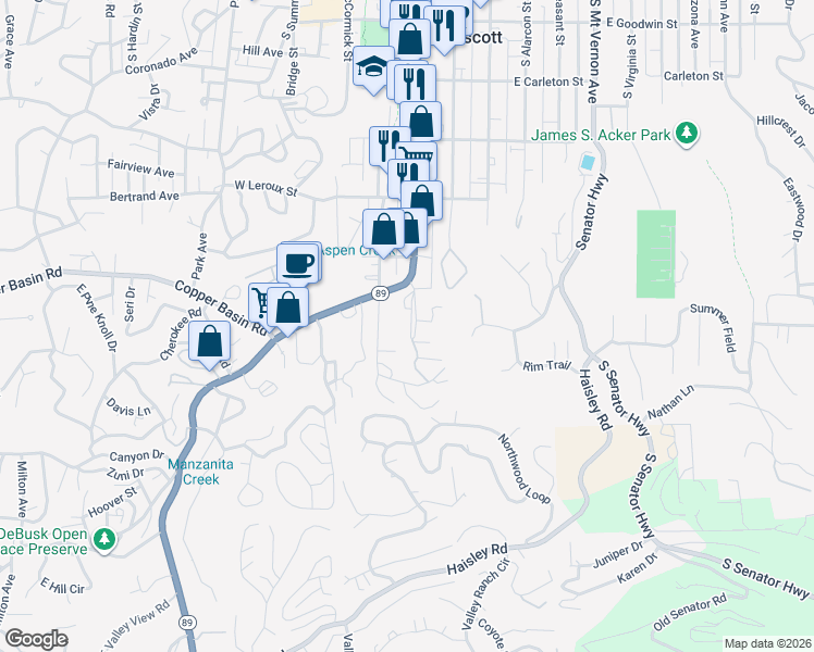 map of restaurants, bars, coffee shops, grocery stores, and more near 734 South Montezuma Street in Prescott