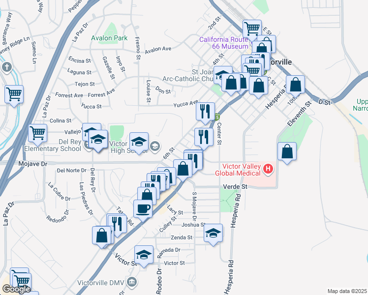 map of restaurants, bars, coffee shops, grocery stores, and more near 16623 Union Street in Victorville