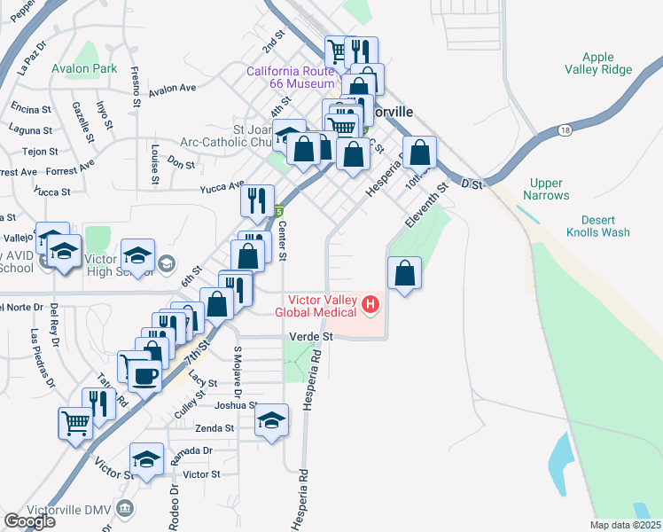 map of restaurants, bars, coffee shops, grocery stores, and more near 15321 Hesperia Road in Victorville