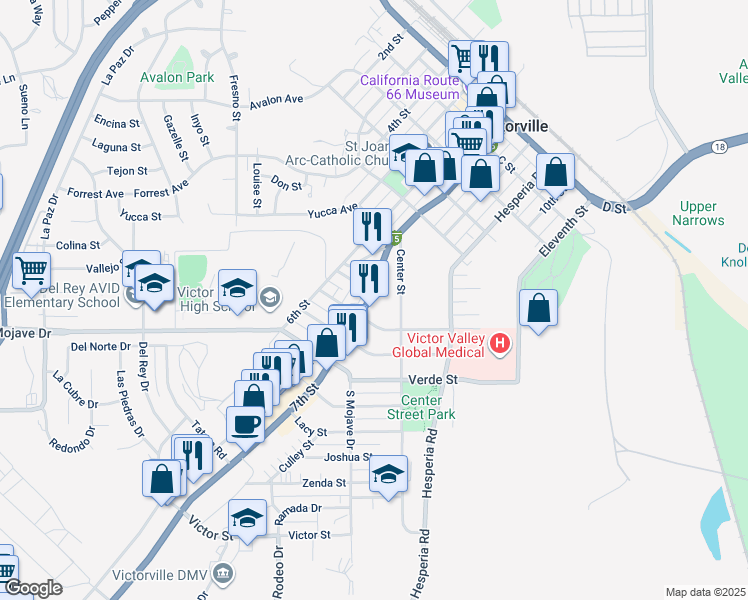 map of restaurants, bars, coffee shops, grocery stores, and more near 15321 Seventh Street in Victorville