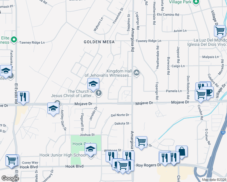 map of restaurants, bars, coffee shops, grocery stores, and more near 15178 Mesquite Court in Victorville
