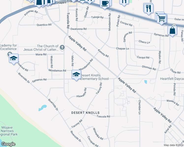 map of restaurants, bars, coffee shops, grocery stores, and more near 18310 Symeron Court in Apple Valley