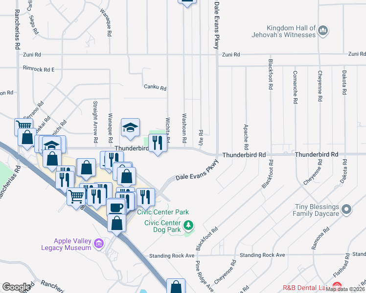 map of restaurants, bars, coffee shops, grocery stores, and more near 20744 Thunderbird Road in Apple Valley