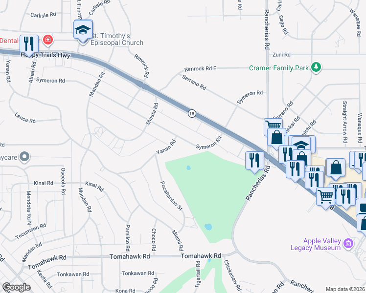 map of restaurants, bars, coffee shops, grocery stores, and more near 19791 Symeron Road in Apple Valley