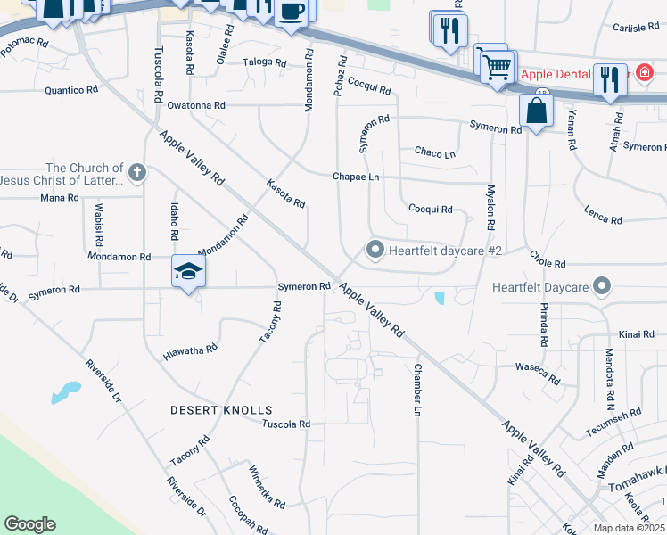 map of restaurants, bars, coffee shops, grocery stores, and more near 18518 Symeron Road in Apple Valley