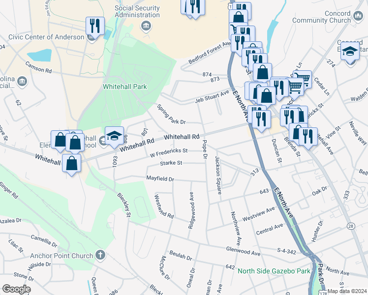 map of restaurants, bars, coffee shops, grocery stores, and more near 414 West Fredericks Street in Anderson