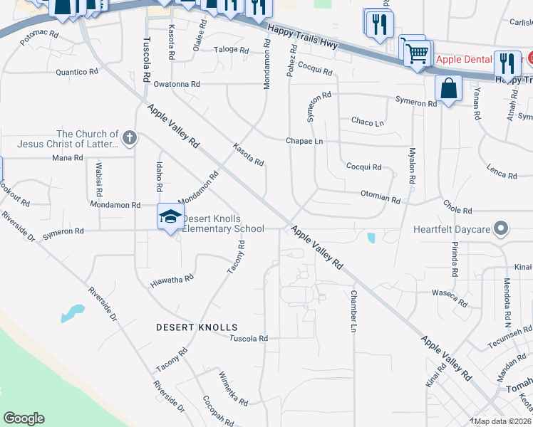 map of restaurants, bars, coffee shops, grocery stores, and more near 15344 Apple Valley Road in Apple Valley