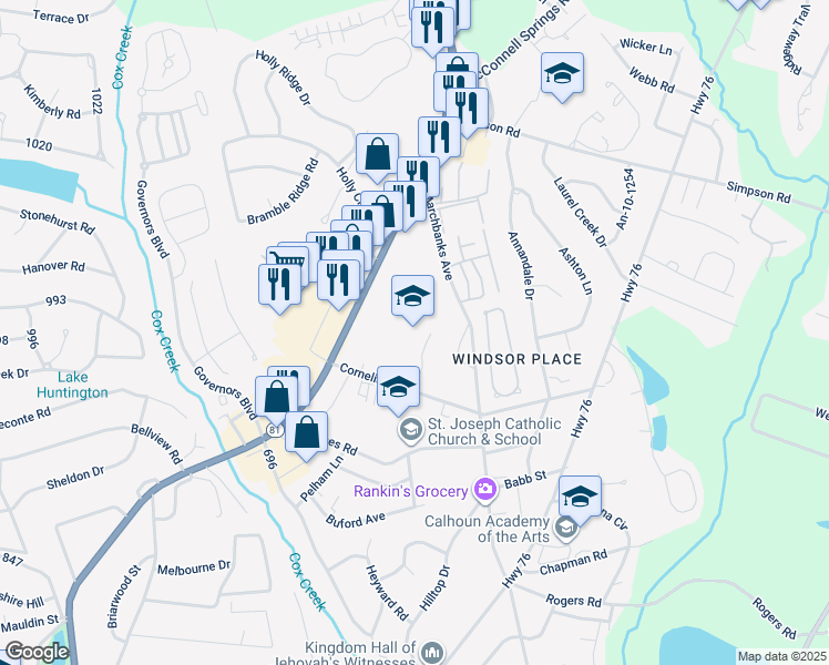 map of restaurants, bars, coffee shops, grocery stores, and more near 2123 Marchbanks Avenue in Anderson