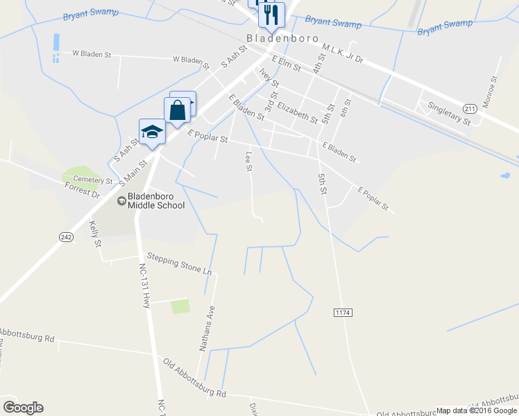map of restaurants, bars, coffee shops, grocery stores, and more near 214 Lee St in Bladenboro