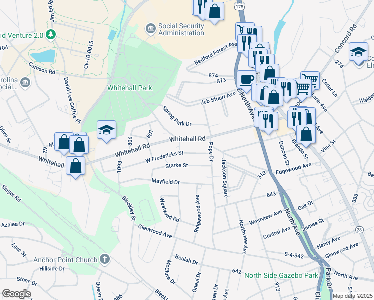 map of restaurants, bars, coffee shops, grocery stores, and more near 416 West Fredericks Street in Anderson