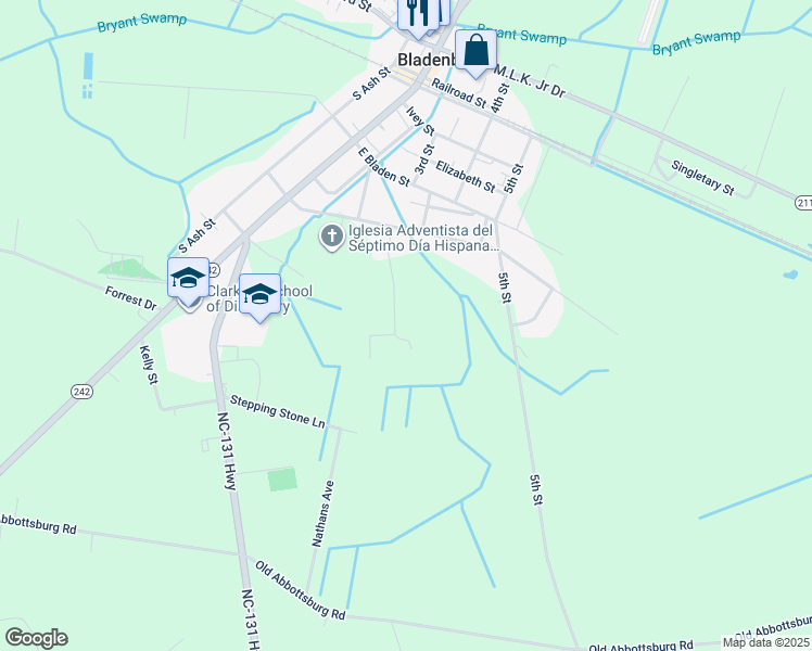 map of restaurants, bars, coffee shops, grocery stores, and more near 214 Lee Street in Bladenboro