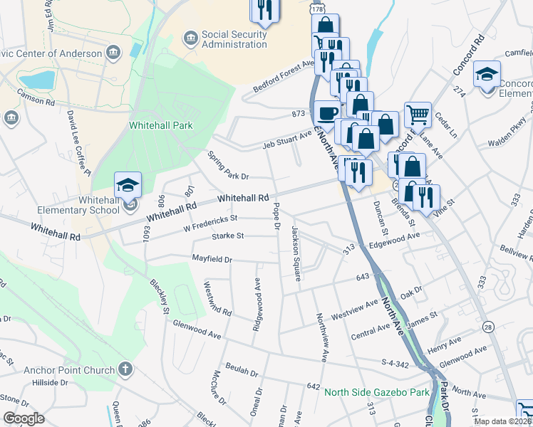 map of restaurants, bars, coffee shops, grocery stores, and more near 402 West Fredericks Street in Anderson
