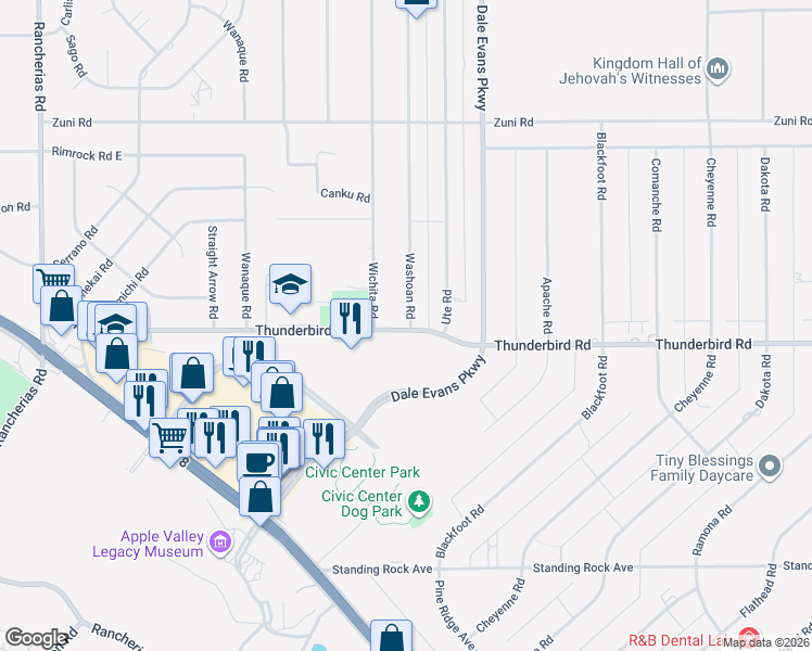 map of restaurants, bars, coffee shops, grocery stores, and more near 20744 Thunderbird Road in Apple Valley