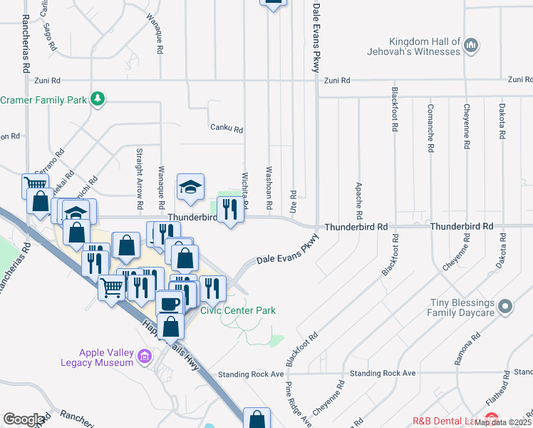map of restaurants, bars, coffee shops, grocery stores, and more near Washoan Road in Apple Valley
