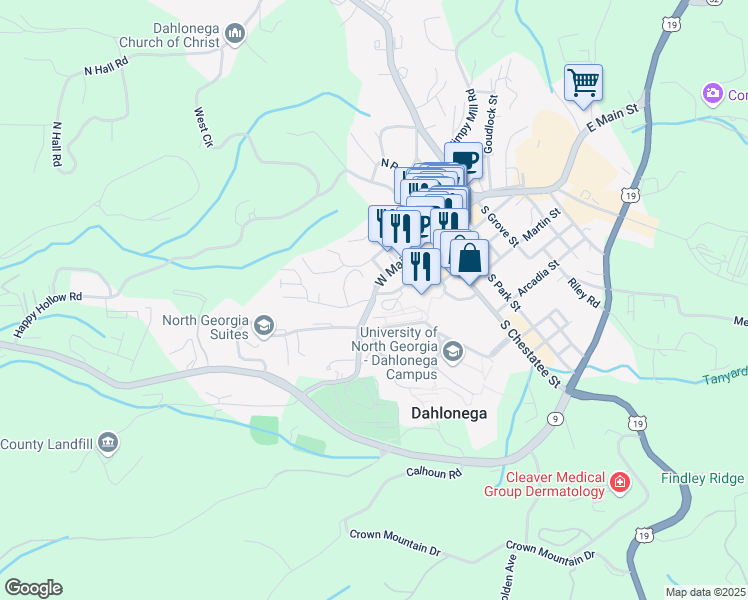 map of restaurants, bars, coffee shops, grocery stores, and more near 82 College Circle in Dahlonega