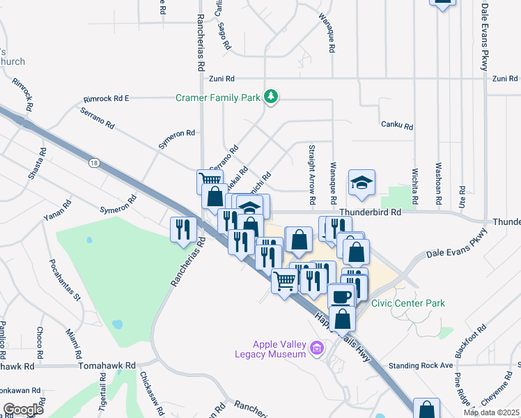 map of restaurants, bars, coffee shops, grocery stores, and more near 20250 Thunderbird Road in Apple Valley