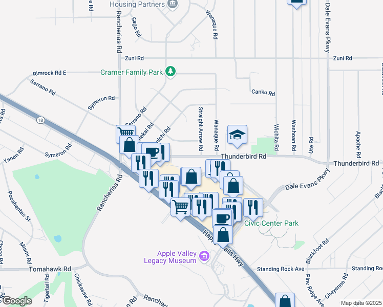 map of restaurants, bars, coffee shops, grocery stores, and more near 20384 Thunderbird Road in Apple Valley