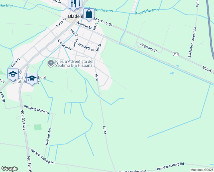 map of restaurants, bars, coffee shops, grocery stores, and more near 112 Sandidge Drive in Bladenboro