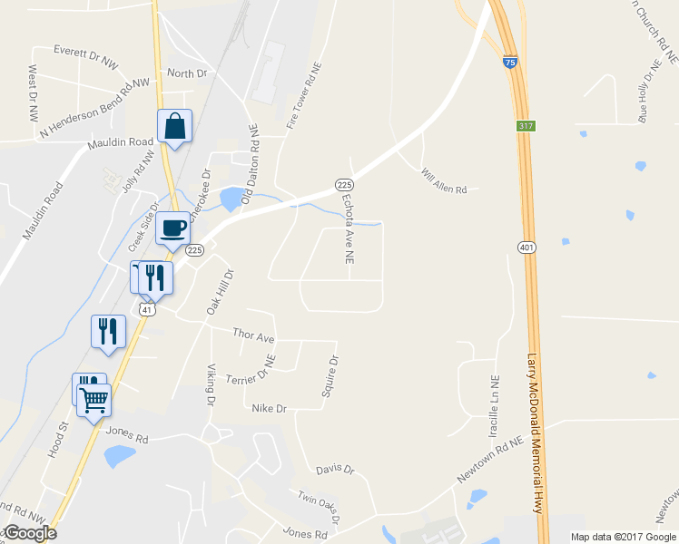 map of restaurants, bars, coffee shops, grocery stores, and more near 209 Echota Avenue Northeast in Calhoun