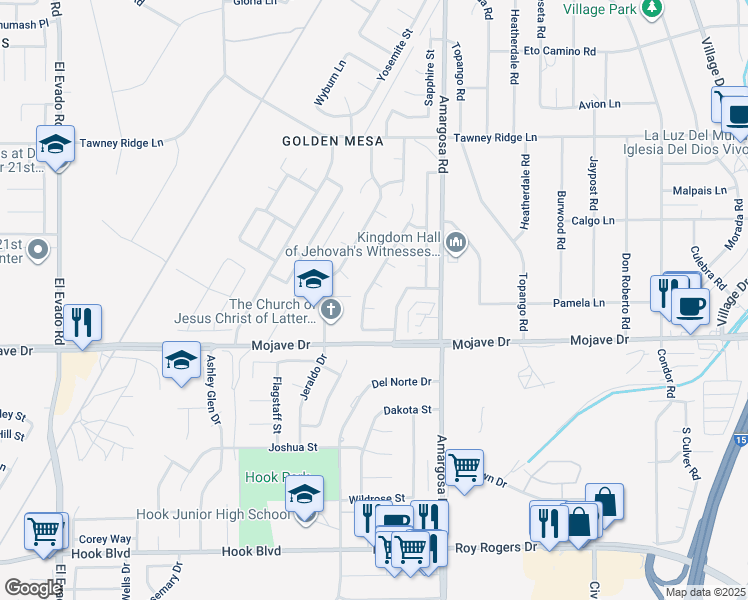 map of restaurants, bars, coffee shops, grocery stores, and more near 15168 Mesquite Court in Victorville