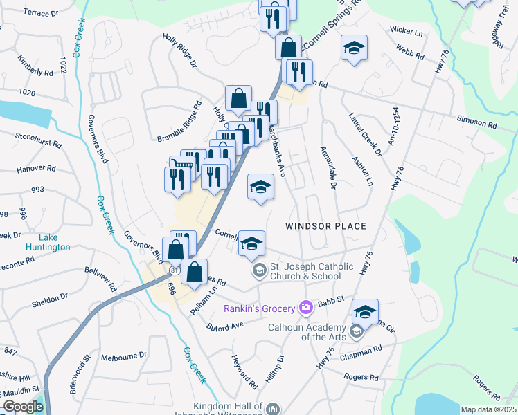 map of restaurants, bars, coffee shops, grocery stores, and more near 2123 Marchbanks Avenue in Anderson