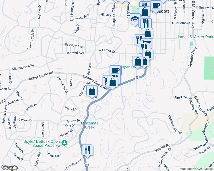 map of restaurants, bars, coffee shops, grocery stores, and more near 518 Copper Basin Road in Prescott