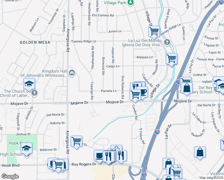 map of restaurants, bars, coffee shops, grocery stores, and more near 15577 Pamela Lane in Victorville