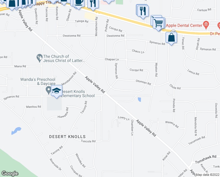 map of restaurants, bars, coffee shops, grocery stores, and more near 18511 Symeron Road in Apple Valley