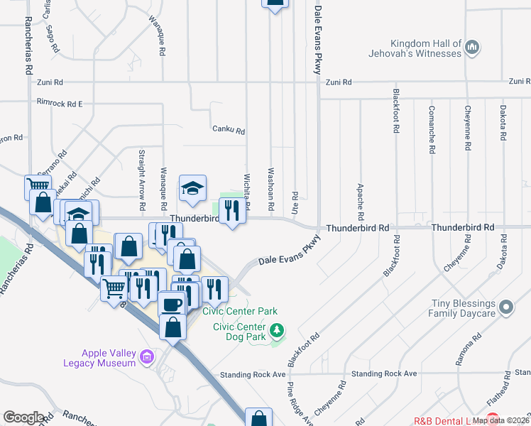 map of restaurants, bars, coffee shops, grocery stores, and more near 20744 Thunderbird Road in Apple Valley