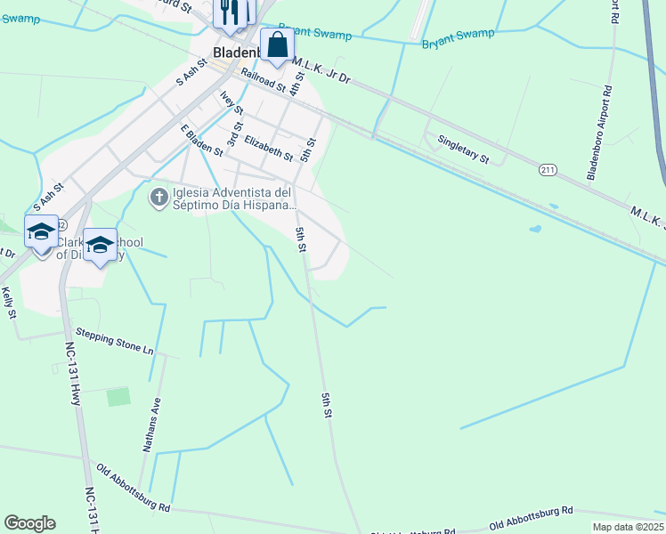 map of restaurants, bars, coffee shops, grocery stores, and more near 112 Sandidge Drive in Bladenboro