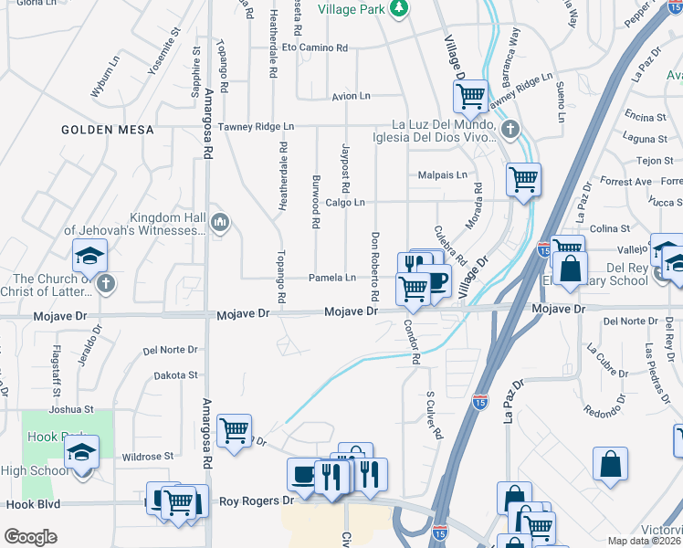 map of restaurants, bars, coffee shops, grocery stores, and more near 15577 Pamela Lane in Victorville