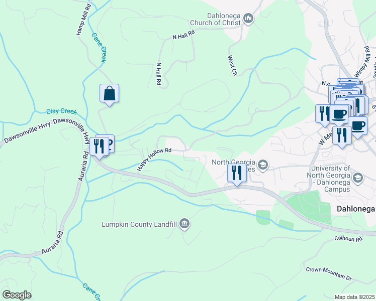 map of restaurants, bars, coffee shops, grocery stores, and more near 701 Happy Hollow Road in Dahlonega