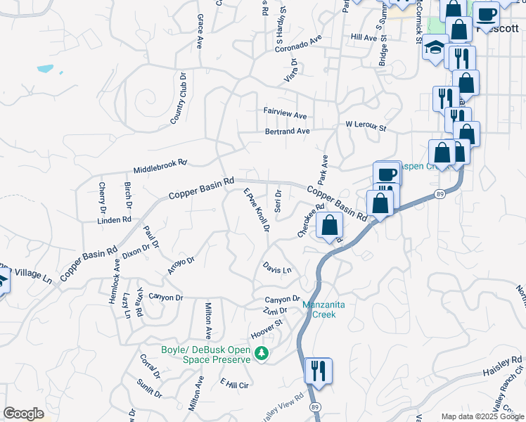 map of restaurants, bars, coffee shops, grocery stores, and more near 728 Seri Drive in Prescott