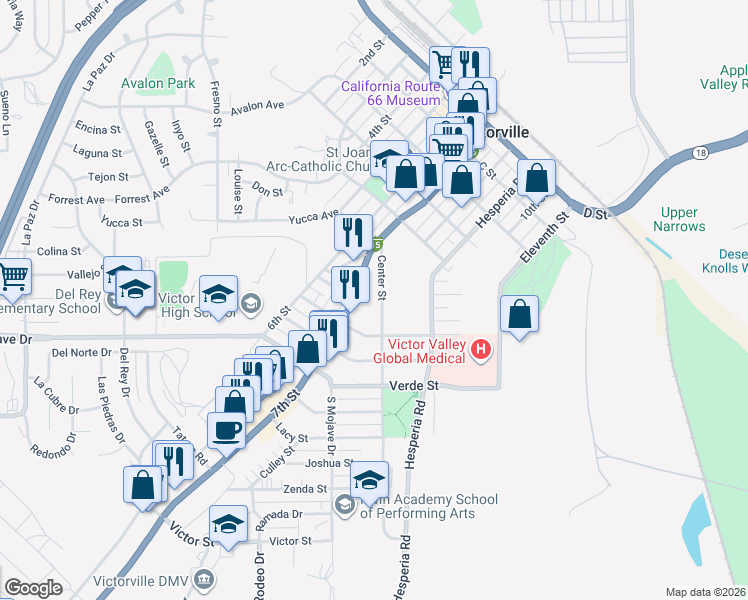 map of restaurants, bars, coffee shops, grocery stores, and more near 15321 Seventh Street in Victorville