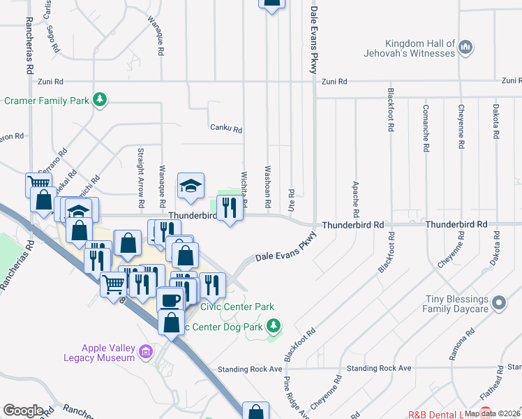 map of restaurants, bars, coffee shops, grocery stores, and more near 20744 Thunderbird Road in Apple Valley