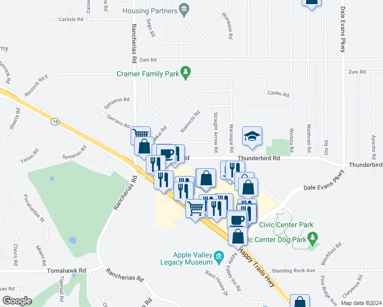 map of restaurants, bars, coffee shops, grocery stores, and more near 20330 Thunderbird Road in Apple Valley
