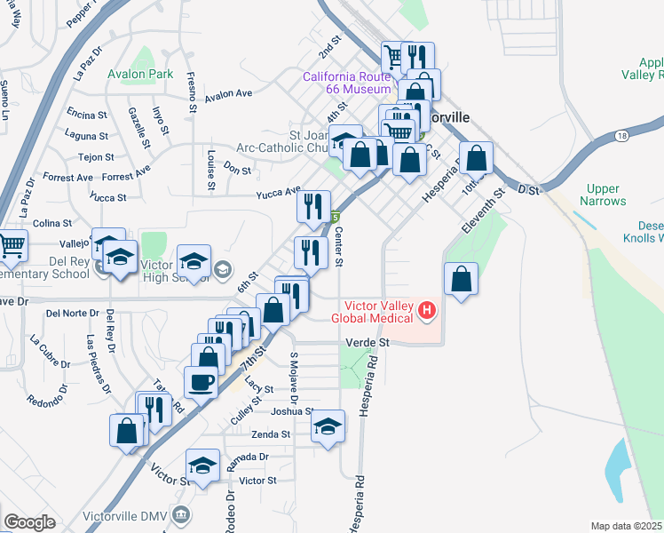 map of restaurants, bars, coffee shops, grocery stores, and more near 15321 7th Street in Victorville