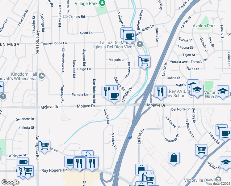 map of restaurants, bars, coffee shops, grocery stores, and more near 41 Morada Parkway in Victorville