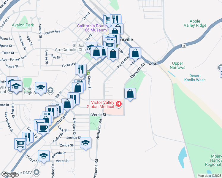 map of restaurants, bars, coffee shops, grocery stores, and more near 16937 Rio Vista Street in Victorville