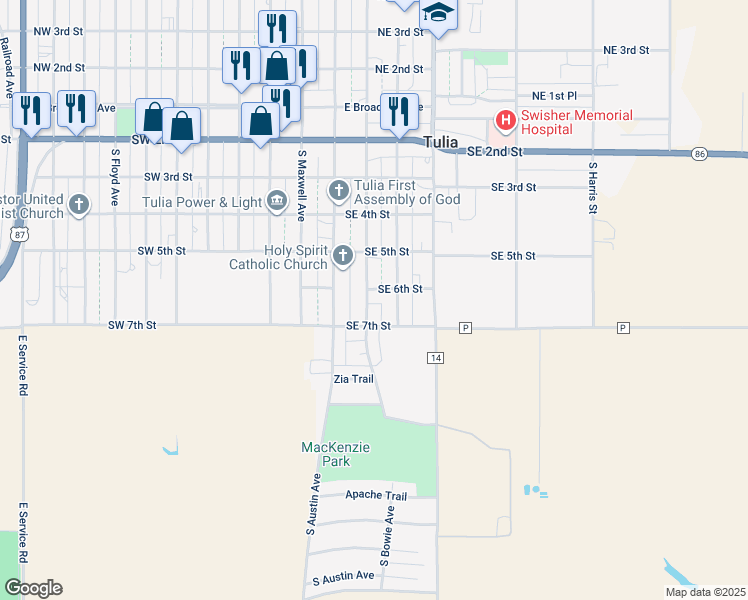 map of restaurants, bars, coffee shops, grocery stores, and more near 605 South Bowie Avenue in Tulia