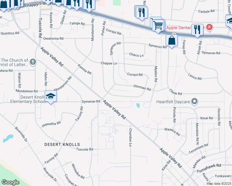 map of restaurants, bars, coffee shops, grocery stores, and more near 18506 Cocqui Road in Apple Valley